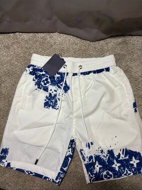 Lv Men’s White & Navy Monogram Swim Shorts